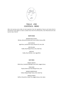 Talli Joe Cocktail Menu