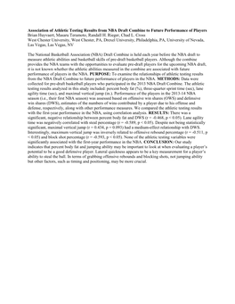 Association of Athletic Testing Results from NBA Draft Combine to Future Performance of Players Brian Huyvaert, Masaru Teramoto, Randall H