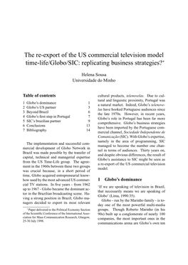 The Re-Export of the US Commercial Television Model Time-Life/Globo/SIC: Replicating Business Strategies?∗