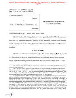 UNITED STATES DISTRICT COURT EASTERN DISTRICT of NEW YORK STEPHEN ELLIOTT, Plaintiff, V. MOIRA DONEGAN, and JANE DOES