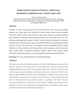 Posisi Politis Gerakan Pemuda Ansor Pada Pemilihan Gubernur Jawa Timur Tahun 2018