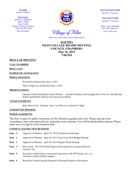 Agenda Niles Village Board Meeting Council Chambers