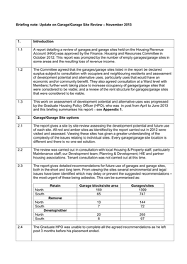 Briefing Note: Update on Garage/Garage Site Review – November 2013 1. Introduction 1.1 a Report Detailing a Review of Garages