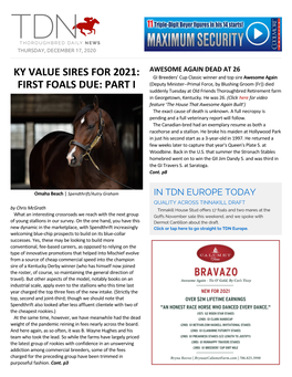 Ky Value Sires for 2021: First Foals Due: Part I