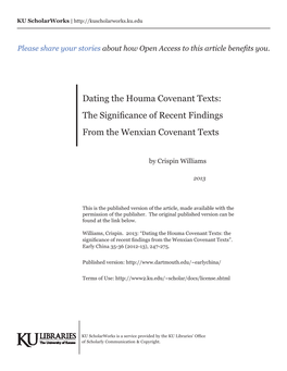 Dating the Houma Covenant Texts: the Significance of Recent Findings from the Wenxian Covenant Texts