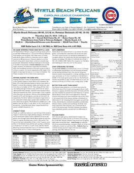 Myrtle Beach Pelicans (46-50, 12-14) Vs. Potomac Nationals (47-46, 10-16) Vs