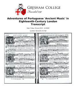 Adventures of Portuguese 'Ancient Music' in Eighteenth-Century London Transcript