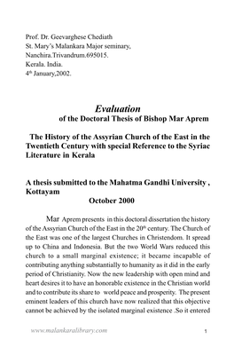 Evaluation of the Doctoral Thesis of Bishop Mar Aprem