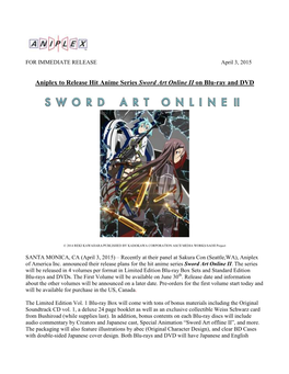 Aniplex to Release Hit Anime Series Sword Art Online II on Blu-Ray and DVD