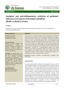 Analgesic and Anti-Inflammatory Activities of Methanol Tuberous Root Extract of Decalepis Salicifolia (Bedd