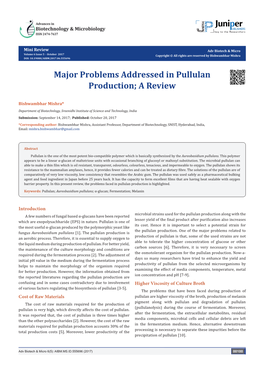 Major Problems Addressed in Pullulan Production; a Review