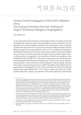 Chinese Female Propagators of the Faith in Modern China the Tortuous Transition from the “Institute of Virgins” to Diocesan Religious Congregations