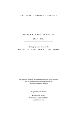 Robert Hanson Was Born on May 14, 1918, in Sarona, Wisconsin