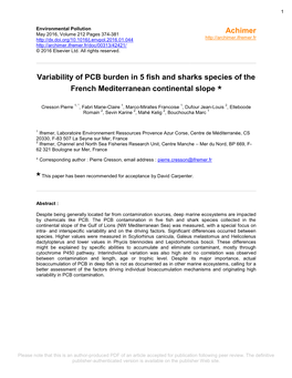 Variability of PCB Burden in 5 Fish and Sharks Species of the French Mediterranean Continental Slope ✯