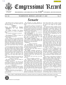 Congressional Record United States Th of America PROCEEDINGS and DEBATES of the 116 CONGRESS, SECOND SESSION