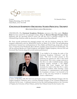 Cincinnati Symphony Orchestra Names Principal Trumpet Matthew Ernst Joins Orchestra