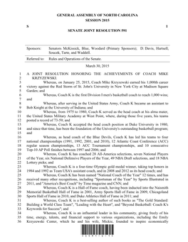 GENERAL ASSEMBLY of NORTH CAROLINA SESSION 2015 S 1 SENATE JOINT RESOLUTION 591 Sponsors: Senators Mckissick, Blue, Woodard (Pri