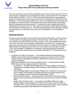 United States Air Force Fiscal Year 2011 Force Structure Announcement