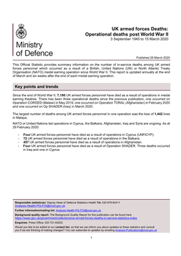 UK Armed Forces Deaths: Operational Deaths Post World War II 3 September 1945 to 15 March 2020