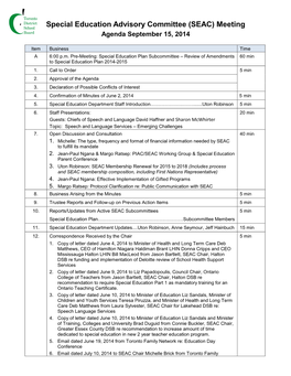 Special Education Advisory Committee (SEAC) Meeting Agenda September 15, 2014