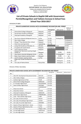 List of Private Schools in Deped-CAR with Government Permit/Recognition and Tuitions Increase in School Fees School Year 2016-2017 DIVISION of ABRA