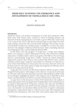 FROM PAUL to PENNY: the EMERGENCE and DEVELOPMENT of TSONGA DISCO 1985-1990S