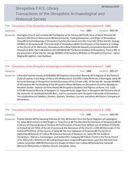 Shropshire F.H.S. Library Transactions of the Shropshire