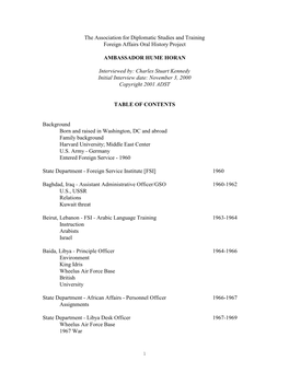 The Association for Diplomatic Studies and Training Foreign Affairs Oral History Project AMBASSADOR HUME HORAN Interviewed By: C