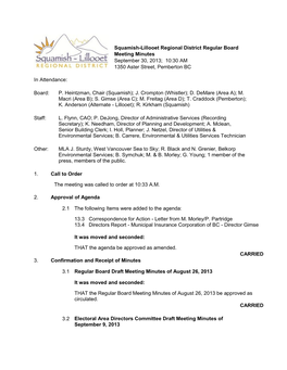 Squamish-Lillooet Regional District Regular Board Meeting Minutes September 30, 2013;A10:30 AM 1350 Aster Street, Pemberton BC