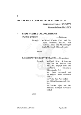 IN the HIGH COURT of DELHI at NEW DELHI Judgment Reserved on : 17.09.2018