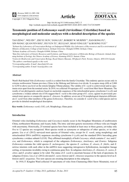 Taxonomic Position of Eothenomys Wardi (Arvicolinae: Cricetidae) Based on Morphological and Molecular Analyses with a Detailed Description of the Species