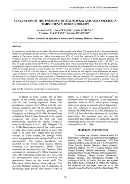 Evaluation of the Presence of Eurygaster and Aelia Species in Timis County, During 2007-2009