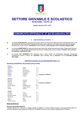 Settore Giovanile E Scolastico 00198 Roma – Via Po, 36