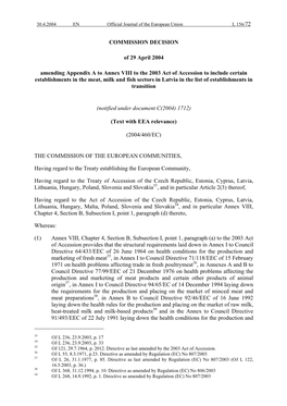 COMMISSION DECISION of 29 April 2004 Amending Appendix a To