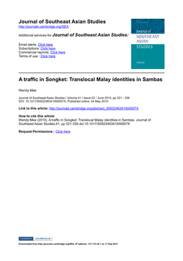 Journal of Southeast Asian Studies a Traffic in Songket: Translocal Malay