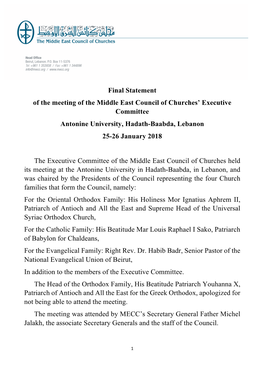 Final Statement of the Meeting of the Middle East Council of Churches’ Executive Committee Antonine University, Hadath-Baabda, Lebanon 25-26 January 2018