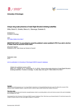 Unique Wing Scale Photonics of Male Rajah Brooke's Birdwing Butterflies Wilts, Bodo D.; Giraldo, Marco A.; Stavenga, Doekele G