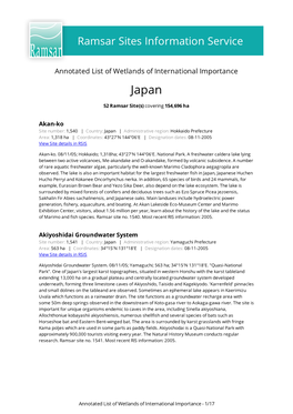 Annotated List of Wetlands of International Importance Japan