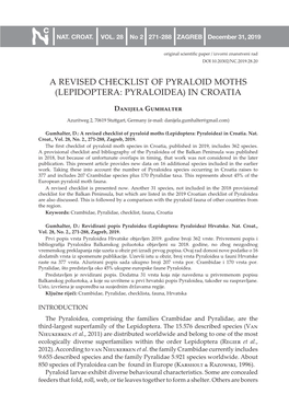 A Revised Checklist of Pyraloid Moths (Lepidoptera: Pyraloidea) in Croatia