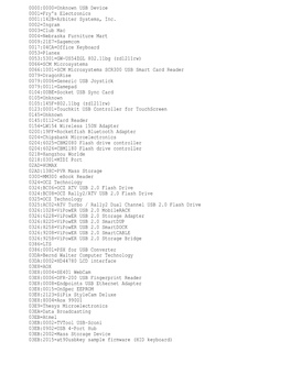 0000:0000=Unknown USB Device 0001=Fry's Electronics 0001:142B=Arbiter Systems, Inc