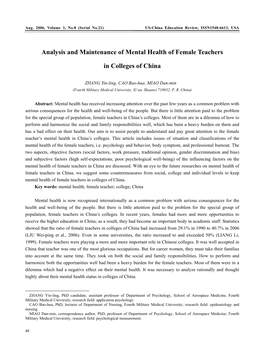 Analysis and Maintenance of Mental Health of Female Teachers