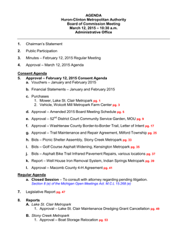 AGENDA Huron-Clinton Metropolitan Authority Board of Commission Meeting March 12, 2015 – 10:30 A.M