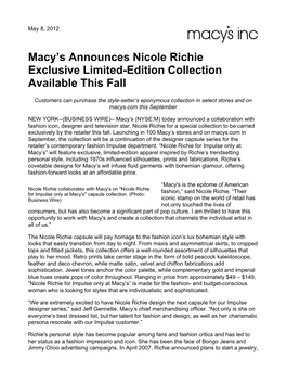 Macy's Announces Nicole Richie Exclusive Limited-Edition Collection