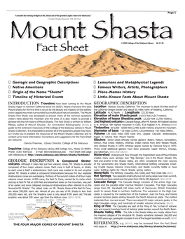 Mount Shasta Fact Sheet Was Funded by the Stewardship Old Ski Bowl Alt