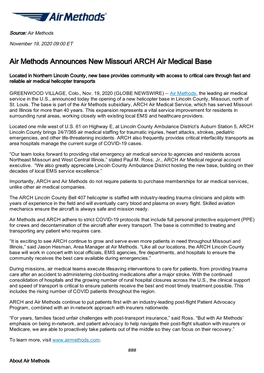 Air Methods Announces New Missouri ARCH Air Medical Base
