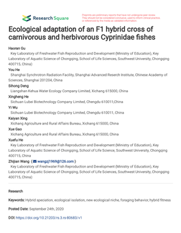 Ecological Adaptation of an F1 Hybrid Cross of Carnivorous and Herbivorous Cyprinidae �Shes