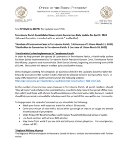 Text TPCOVID to 888777 for Updates from TPCG Terrebonne Parish Consolidated Government Coronavirus Daily Update for April 1