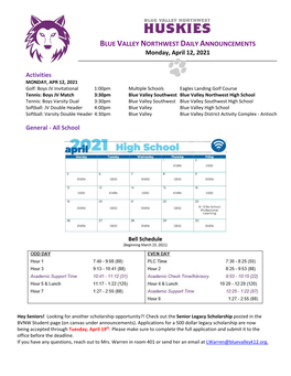 BLUE VALLEY NORTHWEST DAILY ANNOUNCEMENTS Monday, April 12, 2021