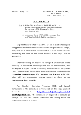 Hcrb/Cjr-1/2021 High Court of Karnataka, Bengaluru, Dated: 19Th July, 2021