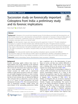 Succession Study on Forensically Important Coleoptera from India: a Preliminary Study and Its Forensic Implications Neha Singh1* and Madhu Bala2